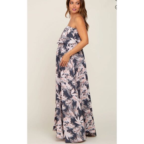 PinkBlush Charcoal Leaf Print Strapless Front Tie Maternity Maxi Dress Nwt Mediu - Picture 2 of 10